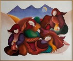Pastel painting of a circle of women beneath the moon by Christine Siegfried.