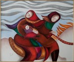 Pastel painting of two figures and a baby on horseback beneath winter skies by Christine Siegfried.